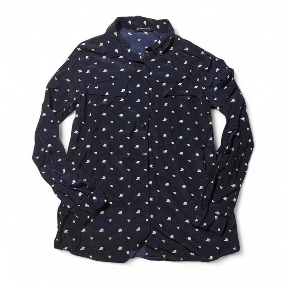 VTG Y2K BangBang Jeans  Navy Blue Novelty Top Hat Print Button Up Shirt